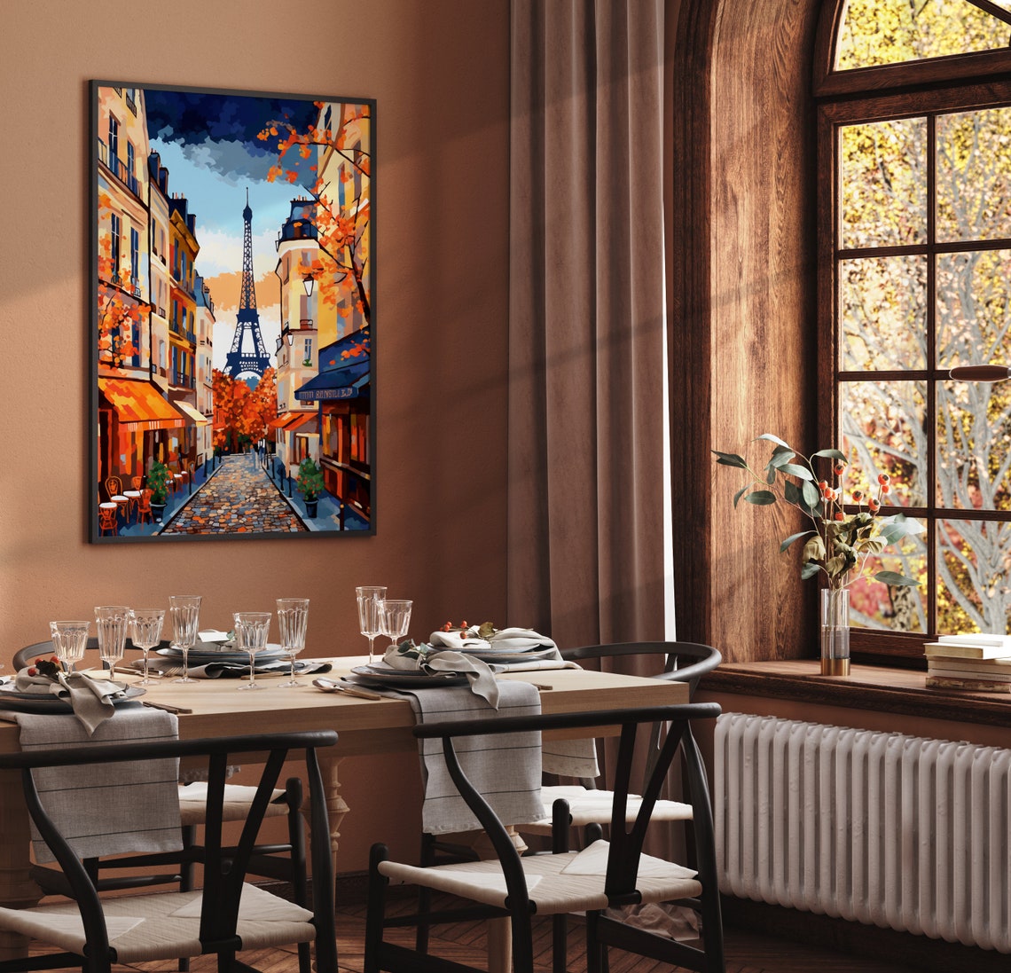 Paris Street with Eiffel Tower in Autumn Cafe Scene Art Poster - Image 3