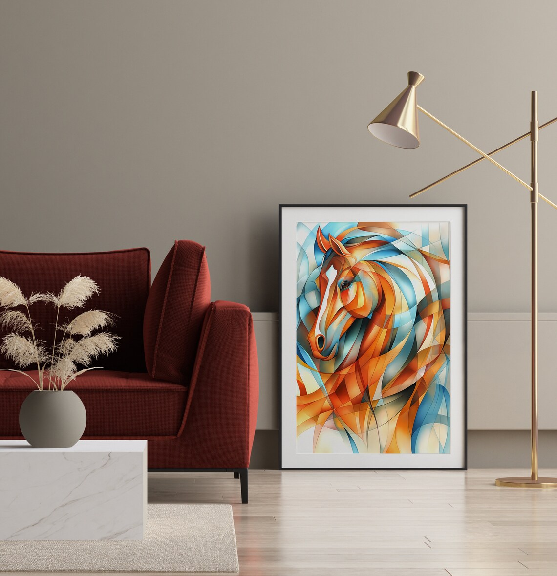 Geometric Horse Head with Blue and Orange Ribbons Art Poster - Image 5