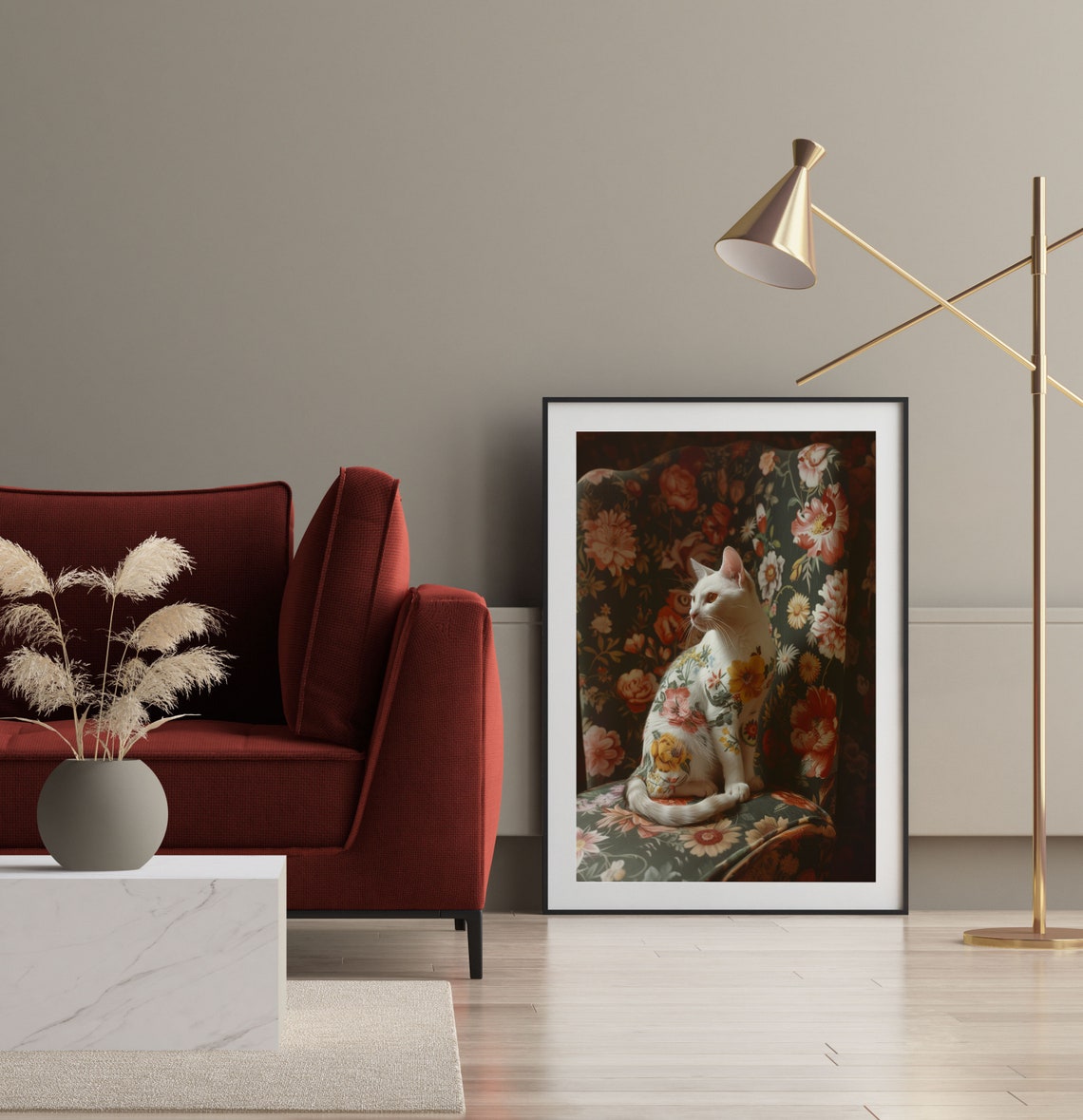 Floral White Cat on Vintage Chair Botanical Double Exposure Poster - Image 5