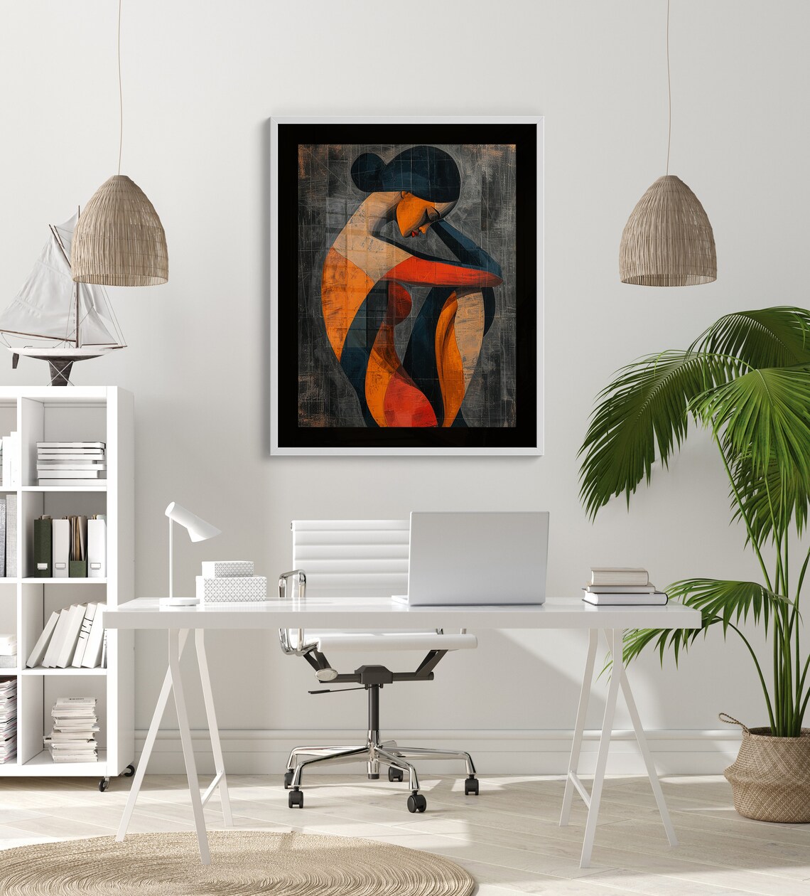 Pensive Seated Woman in Cubist Color Blocks Modern Art Poster - Image 2
