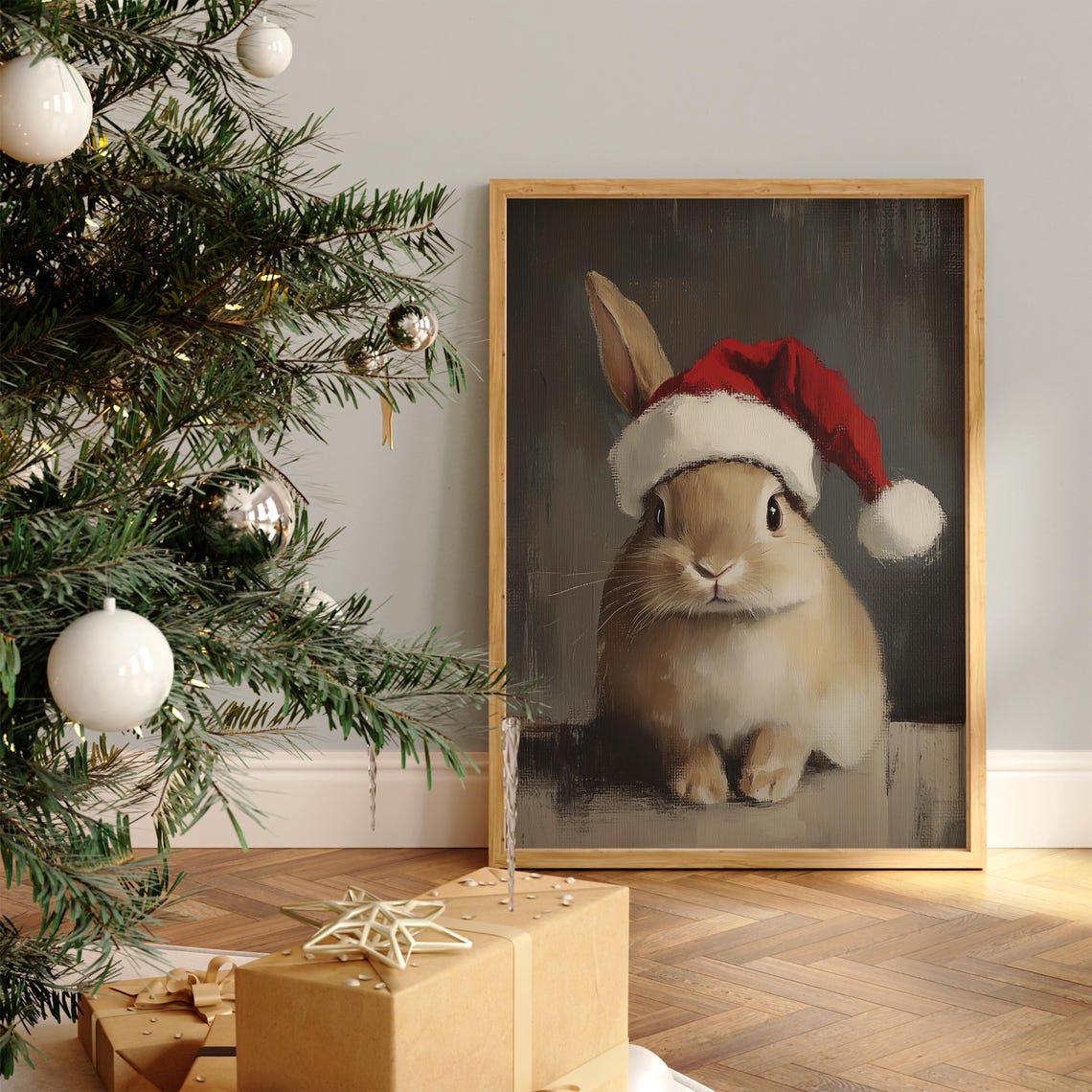 Cute Bunny Wearing A Red Santa Hat Christmas Pet Portrait Poster - Image 3