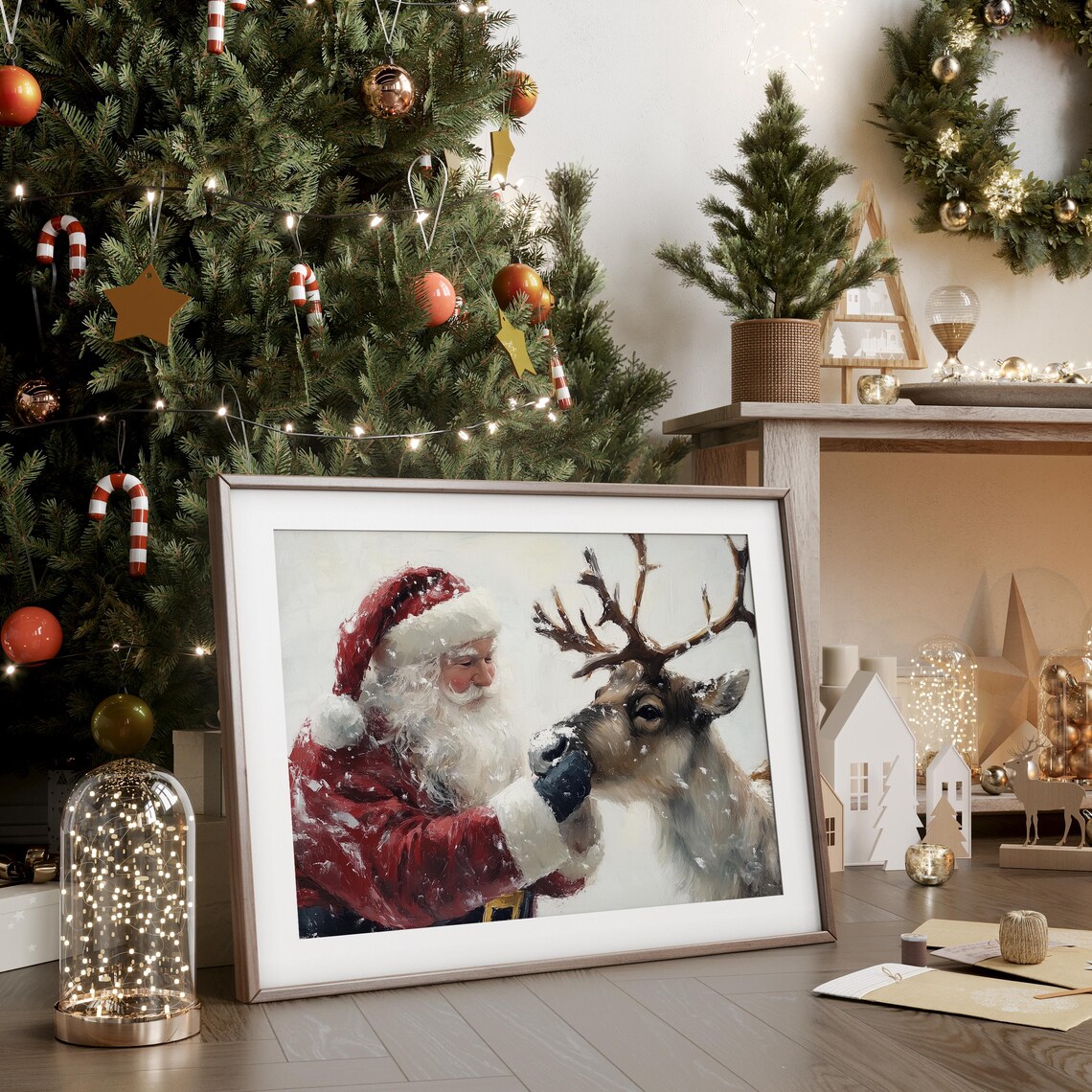 Santa Claus Petting Reindeer Nose in Snowfall Vintage Poster - Image 3
