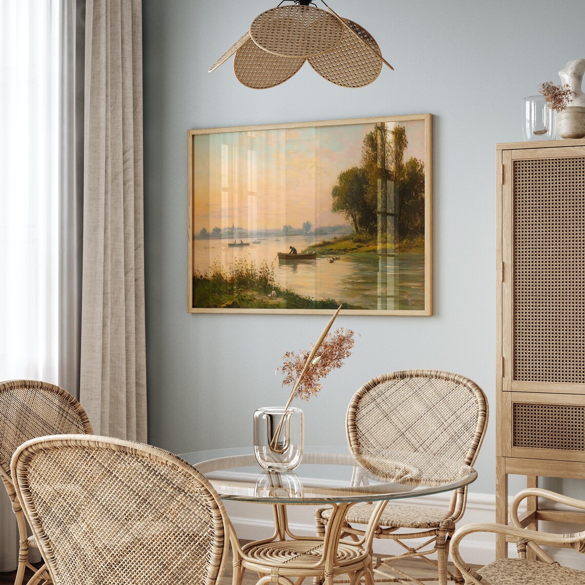 Sunset River with Rowboats and Fisherman Vintage Scene Poster - Image 2