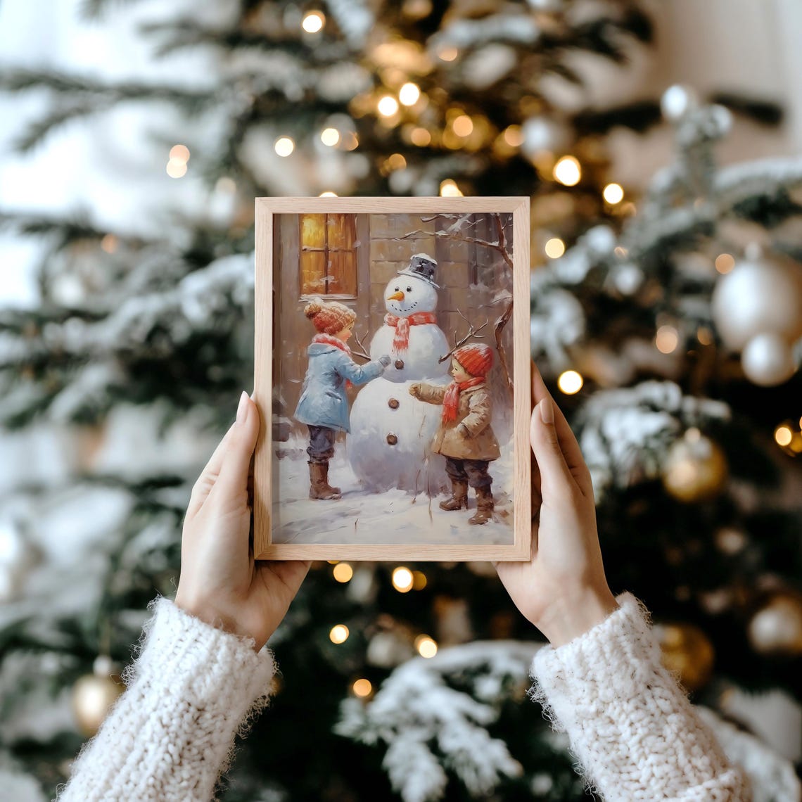 Two Children Building A Snowman By A Warmly Lit Window Poster - Image 4