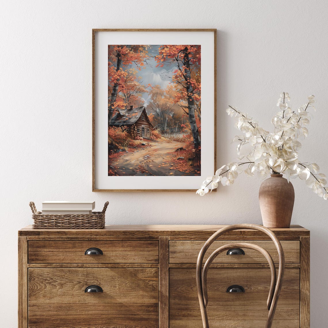 Cozy Autumn Log Cabin Nestled in Orange Fall Forest Painting Poster - Image 3