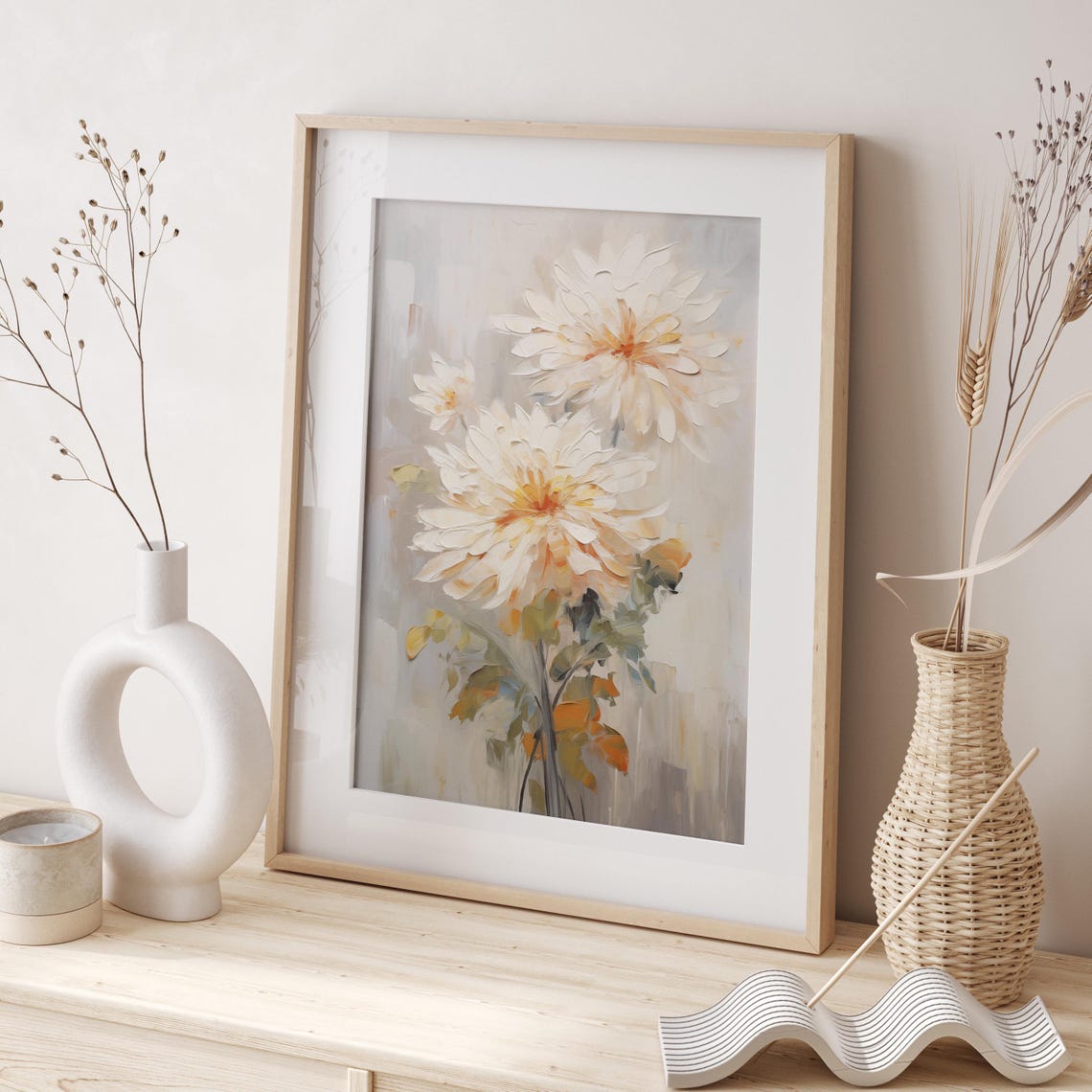 White Chrysanthemum Flowers Soft Impasto Botanical Art Poster - Image 2