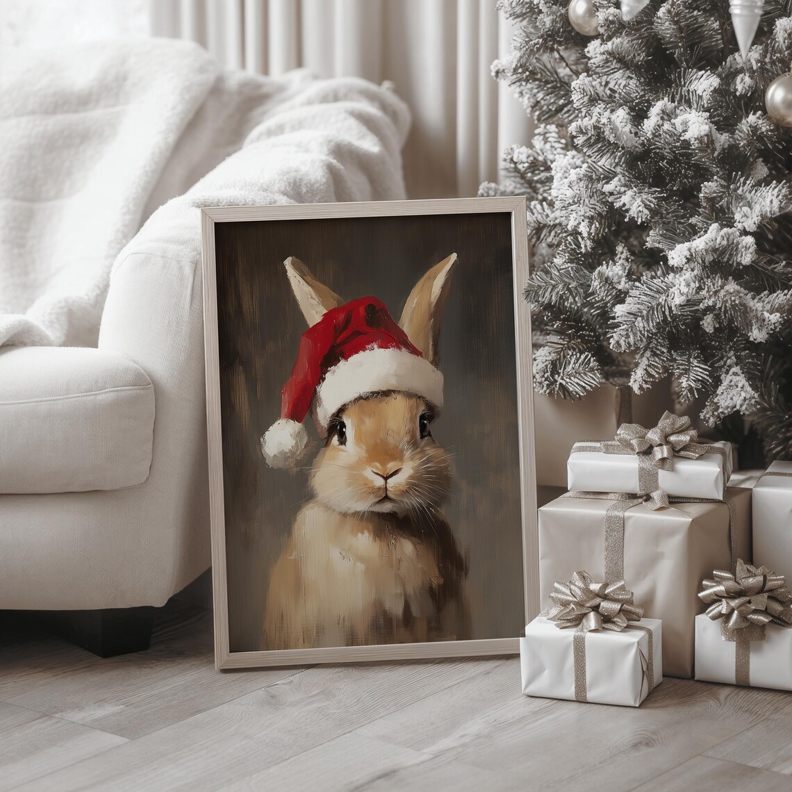 Cute Bunny Wearing Santa Hat Portrait Christmas Poster for Kids - Image 3