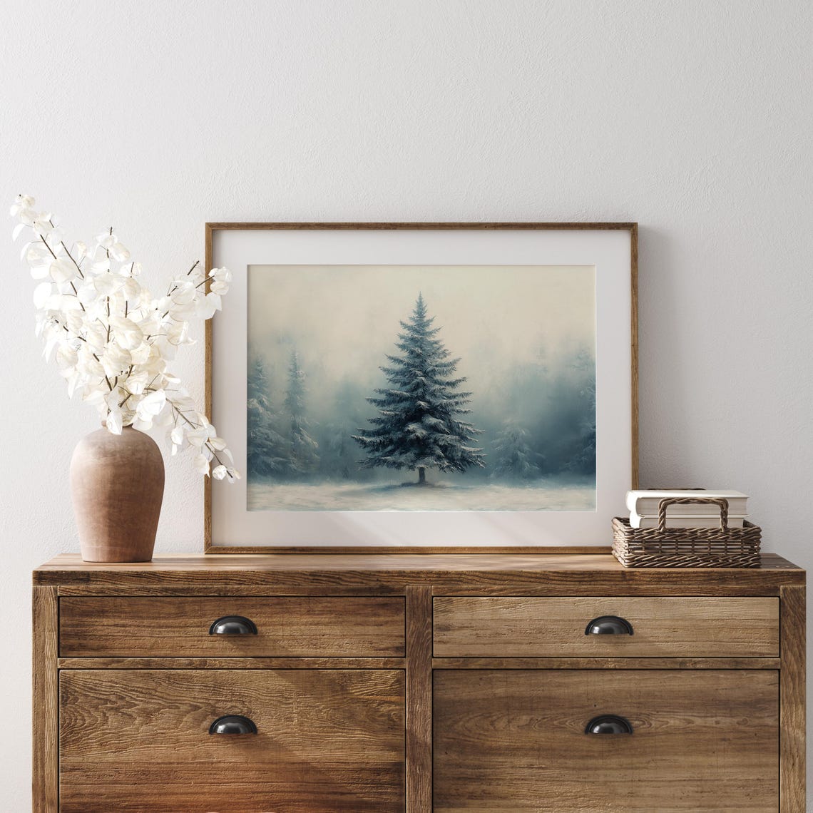 Lone Snowy Fir Tree Standing Alone in Misty Winter Forest Poster - Image 2