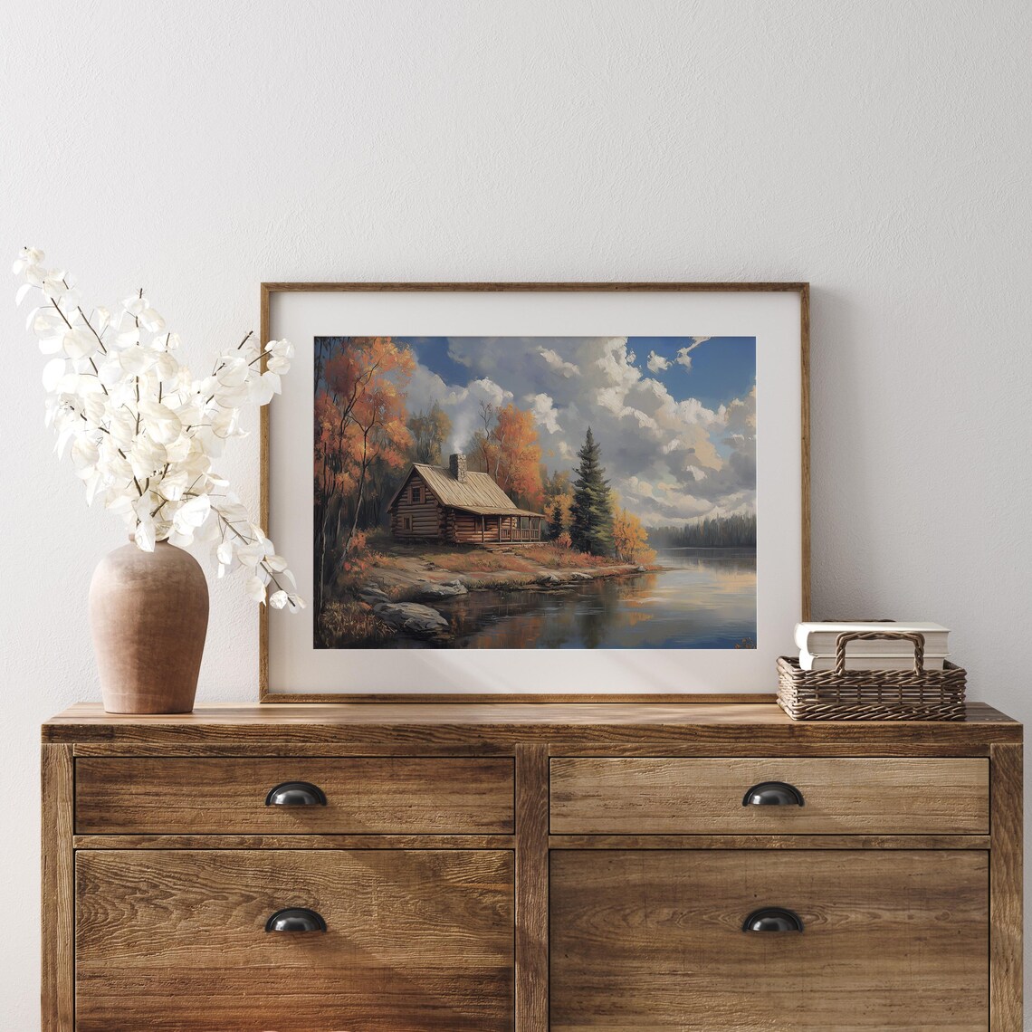 Log Cabin on Autumn Lake Shore with Pine Trees Painting Poster - Image 4
