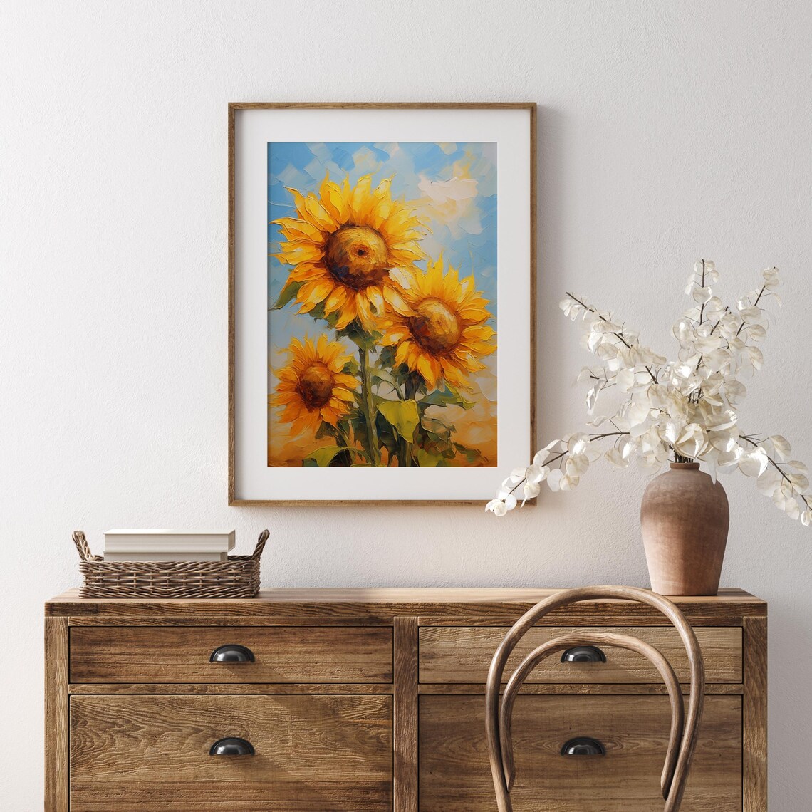 Three Golden Sunflowers Against A Bright Blue Sky Floral Poster - Image 2