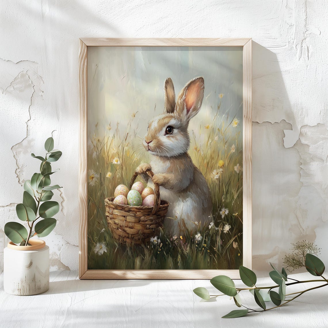 Bunny Carrying A Wicker Basket Of Easter Eggs Through A Meadow Poster - Image 3