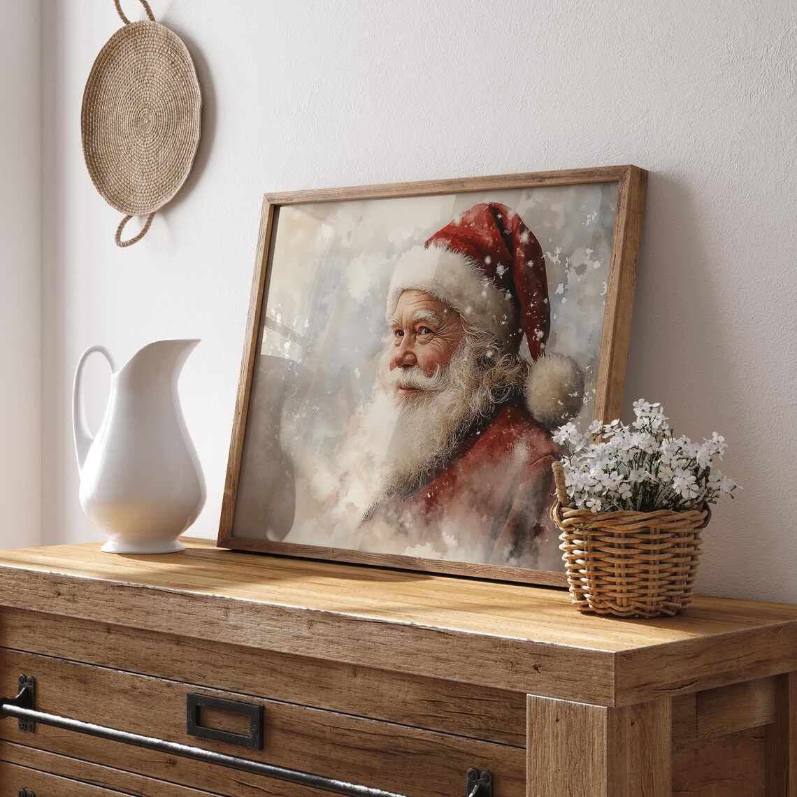 Jolly Santa Claus Smiling Through Soft Falling Snow Watercolor Poster - Image 2