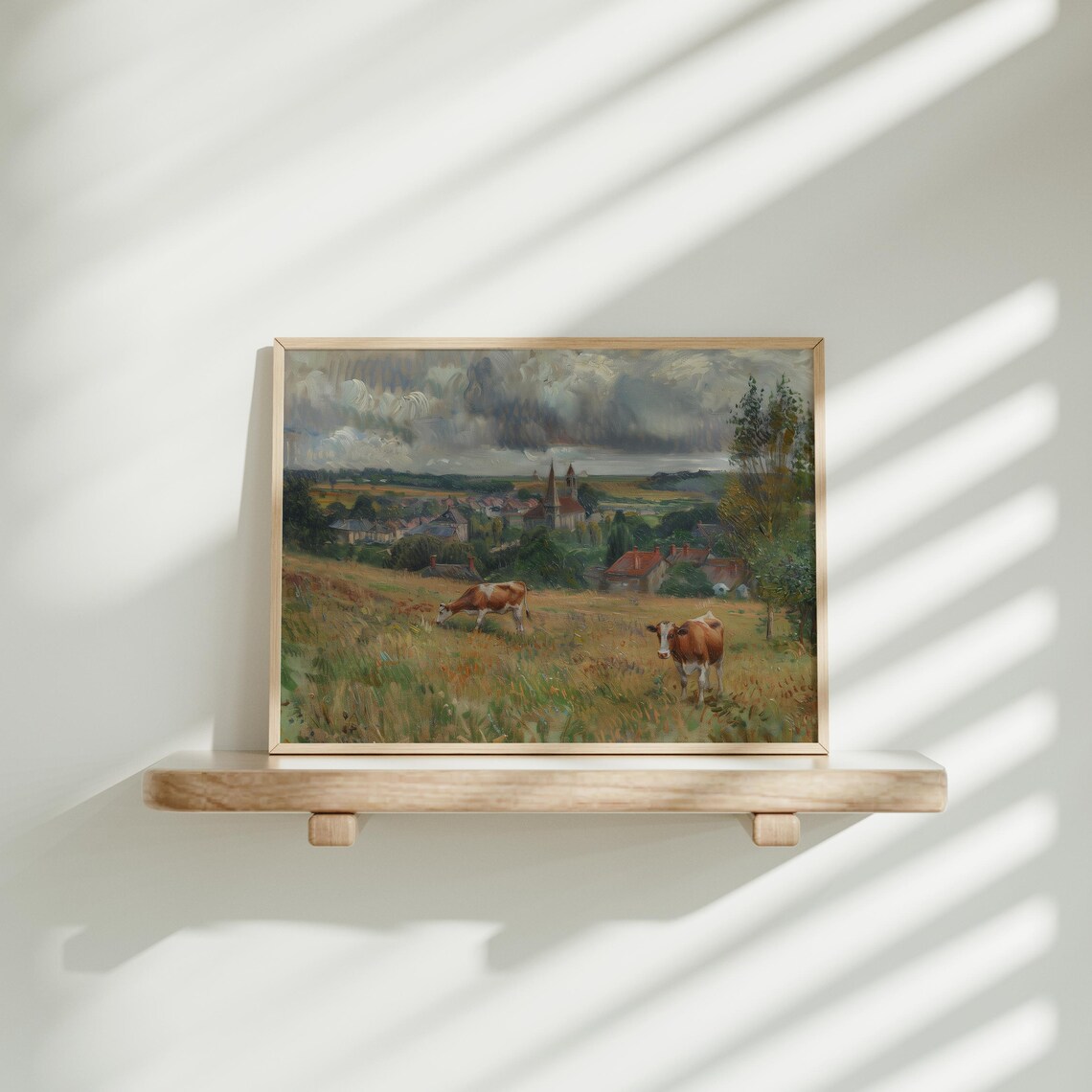 Cows Overlooking European Village Vintage Pastoral Art Poster - Image 3
