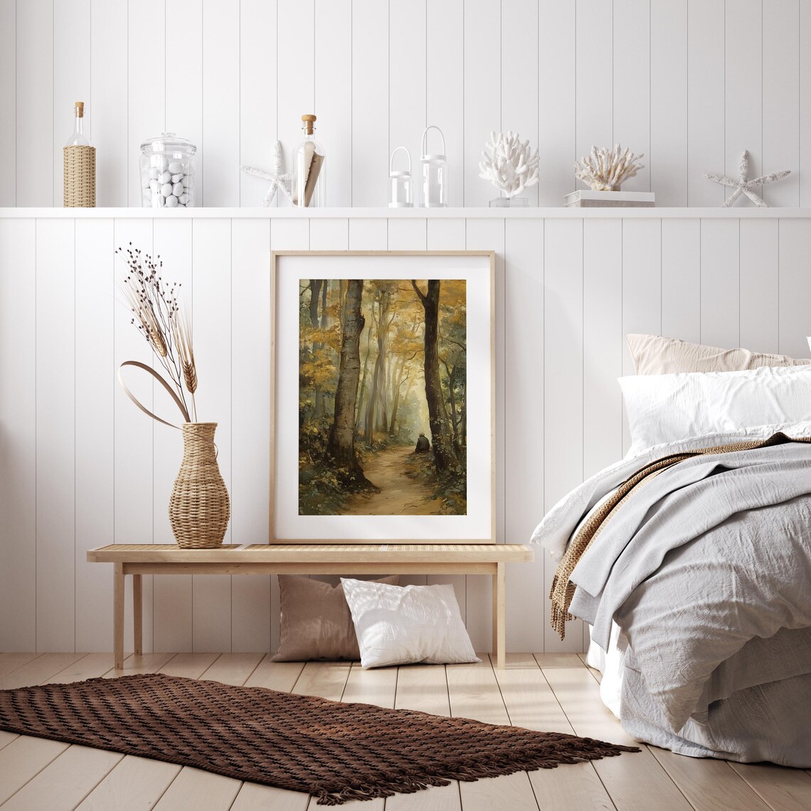 Misty Autumn Forest Path with a Lone Traveler Figure Resting Poster - Image 3