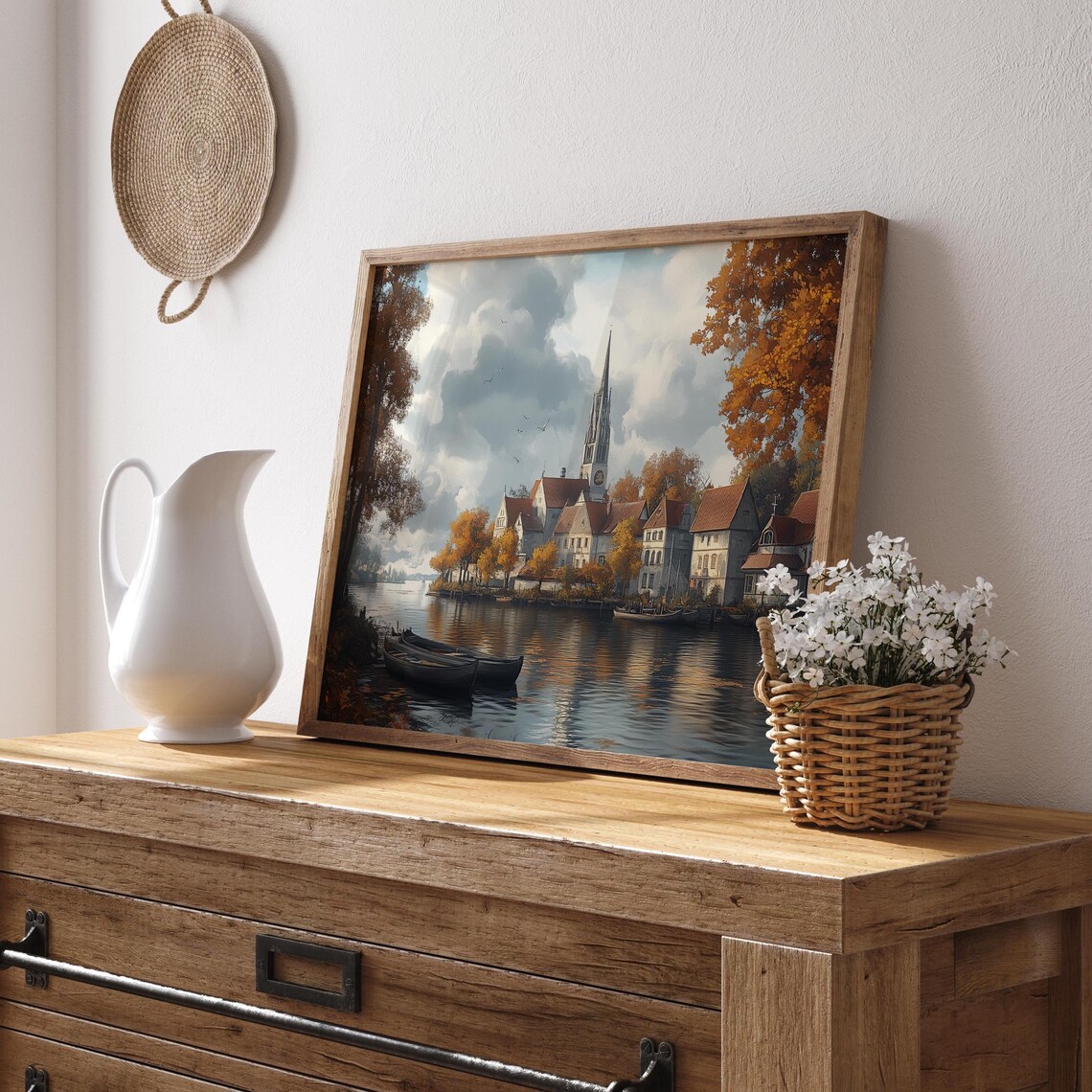 European Riverside Village with Church Spire in Autumn Poster - Image 2
