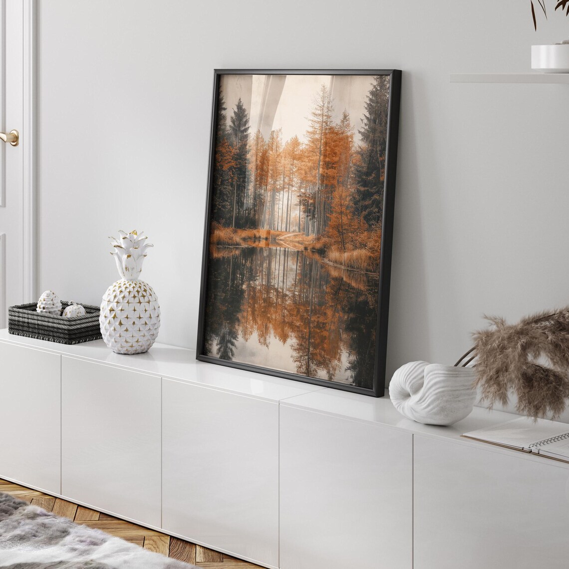Orange Autumn Forest Reflected In A Still Woodland Pond Poster - Image 3