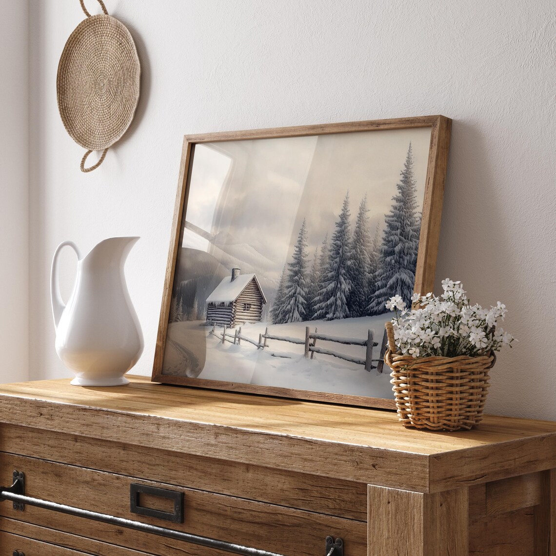 Snowy Log Cabin with Split Rail Fence among Fir Trees Poster - Image 2