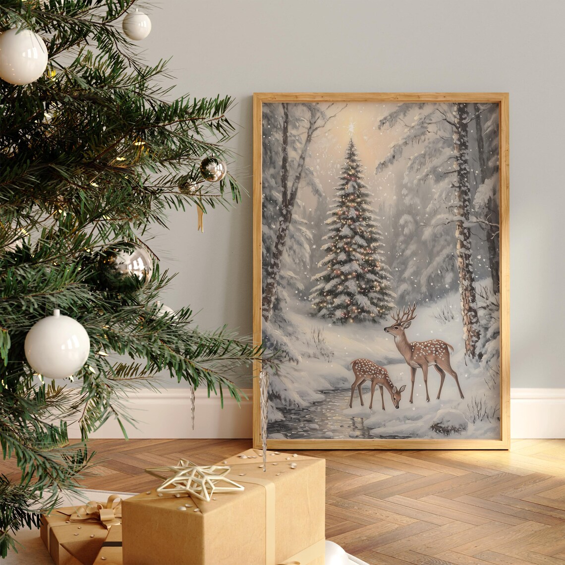 Christmas Tree Oil Painting Winter Landscape Wall Art Farmhouse Oil Painting Christmas Tree Artwork Holiday Decor Xmas Wall Art - Image 2