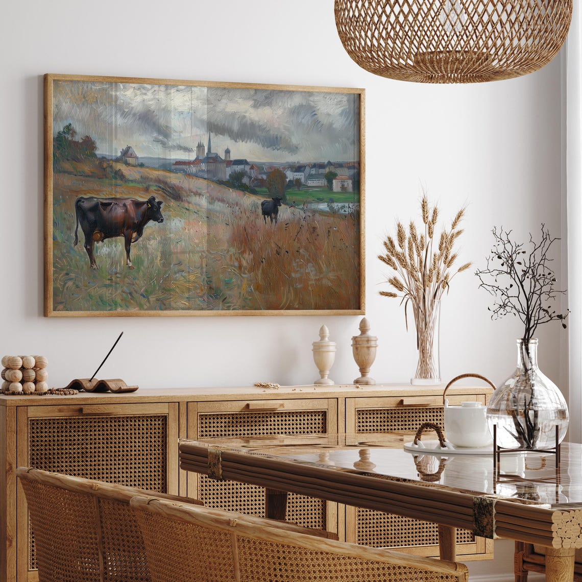 Cows Grazing in Golden Pasture with Distant Village Spires Poster - Image 3