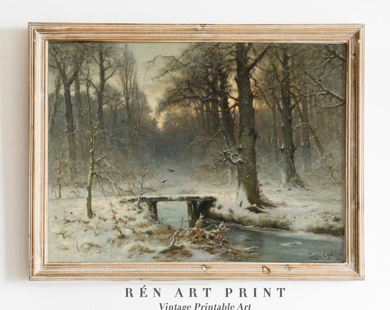 Winter Landscape Painting Print, Moody Vintage Landscape