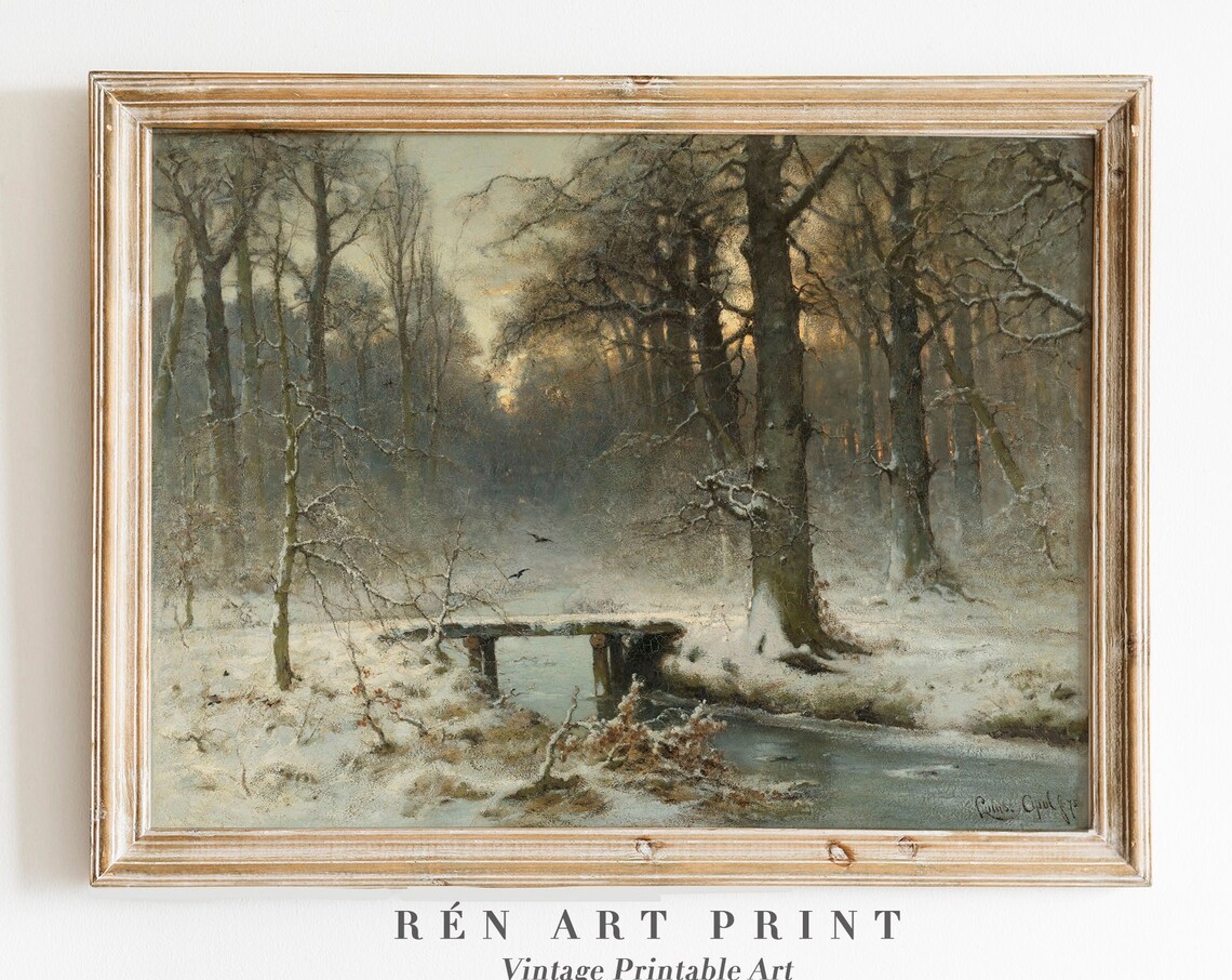Winter Landscape Painting Print, Moody Vintage Landscape