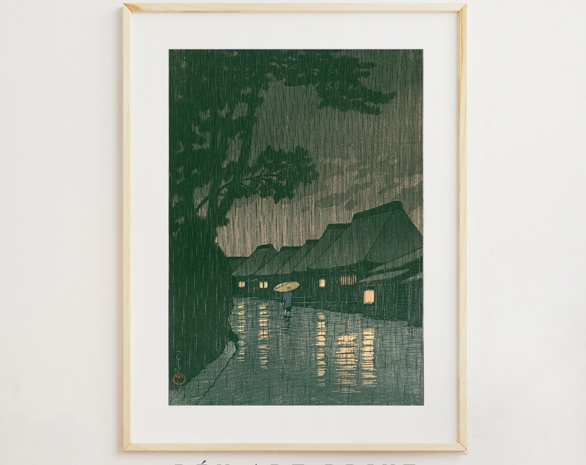 Japanese Woodblock Rainy Night Village Street Vintage Wall Art
