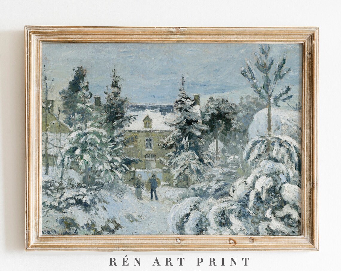 Impressionist Snowy Village Pines Winter Scene Vintage Print