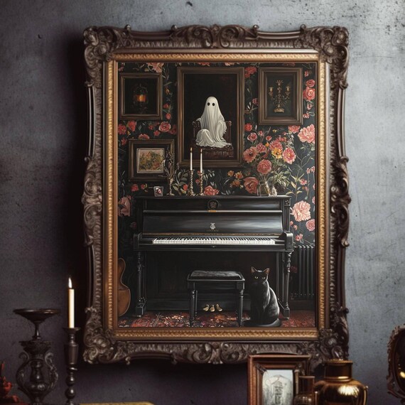 Black Cat by Upright Piano in Gothic Floral Parlor Whimsigoth Poster