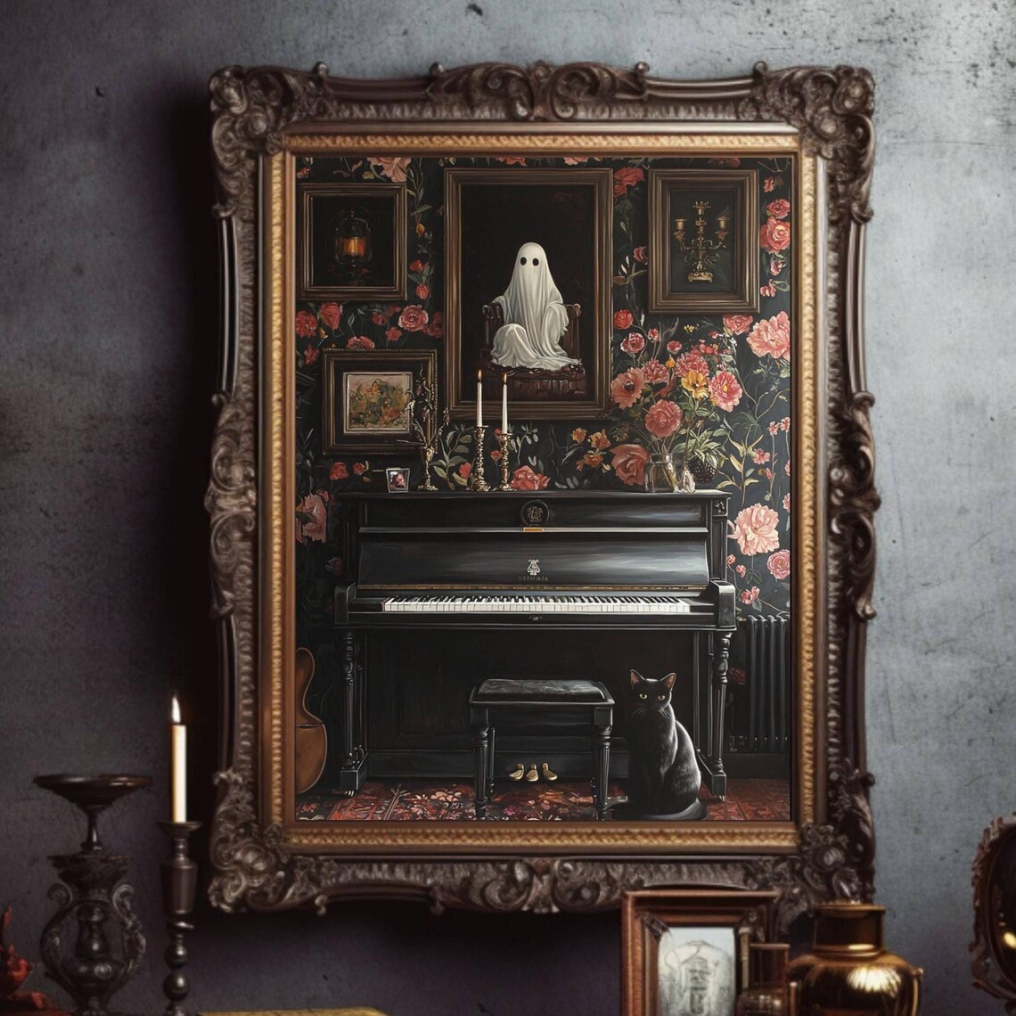 Black Cat by Upright Piano in Gothic Floral Parlor Whimsigoth Poster