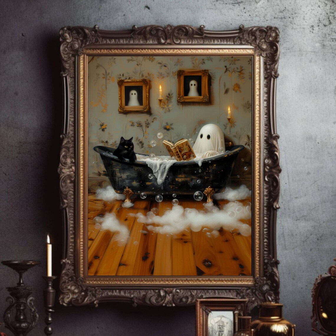 Ghost Reading Book in Bathtub Cat Wall Art Print