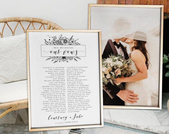 Custom Wedding Vows Photo Canvas With Floral Art Personalized Names Print