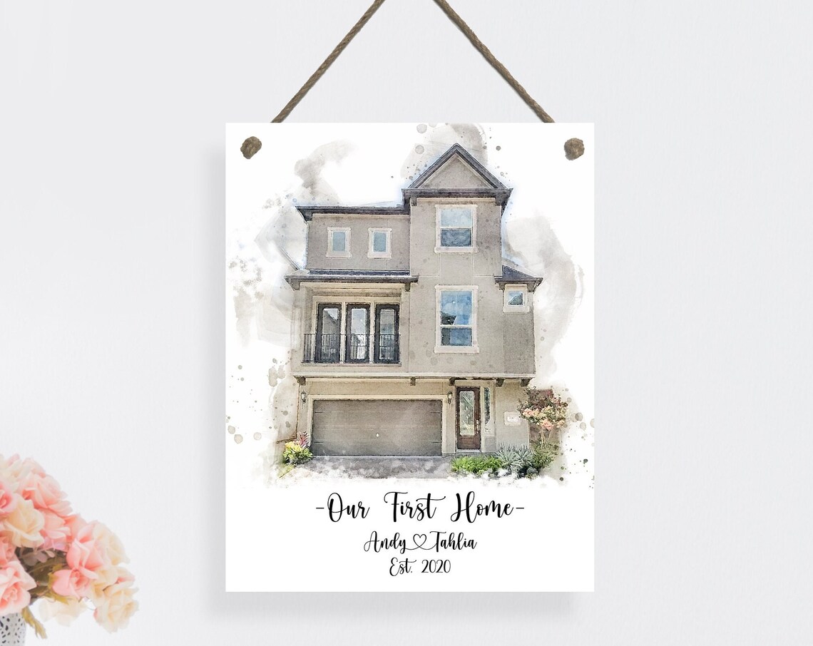 Our First Home Watercolor House Portrait Custom Rope Hanging Wall Art