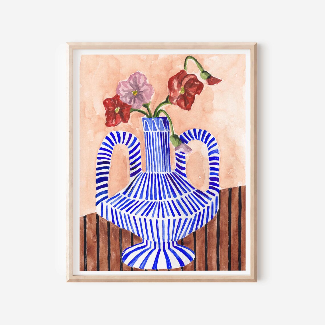 Red Poppies In Blue Striped Vase Floral Still Life Botanical Art Print