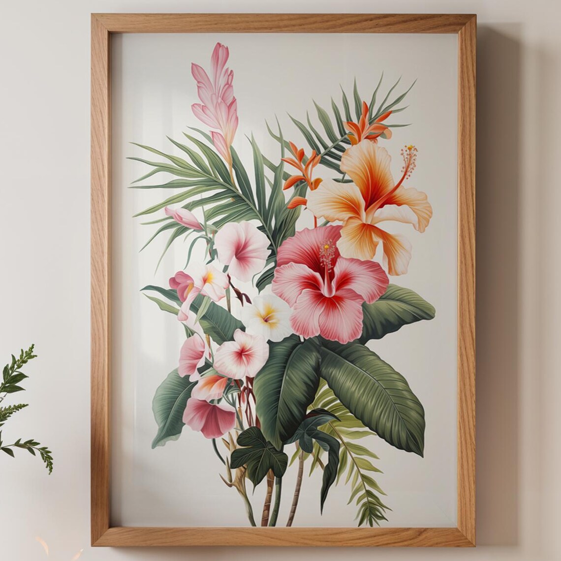 Tropical Hibiscus Palm Leaves Botanical Bouquet Bright Floral Poster