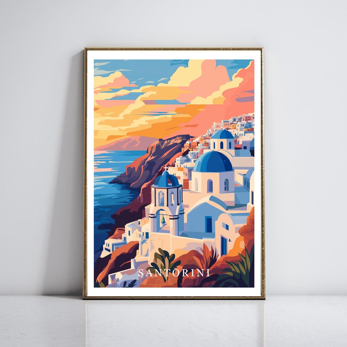Santorini Greece Blue Domed Village Sunset Coastline Travel Poster