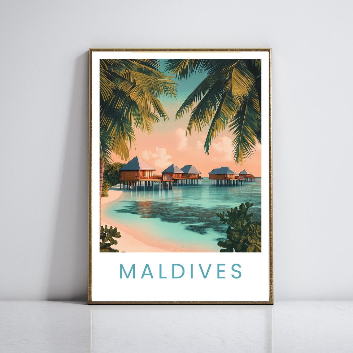 Maldives Overwater Villas Turquoise Lagoon Sunset Travel Poster