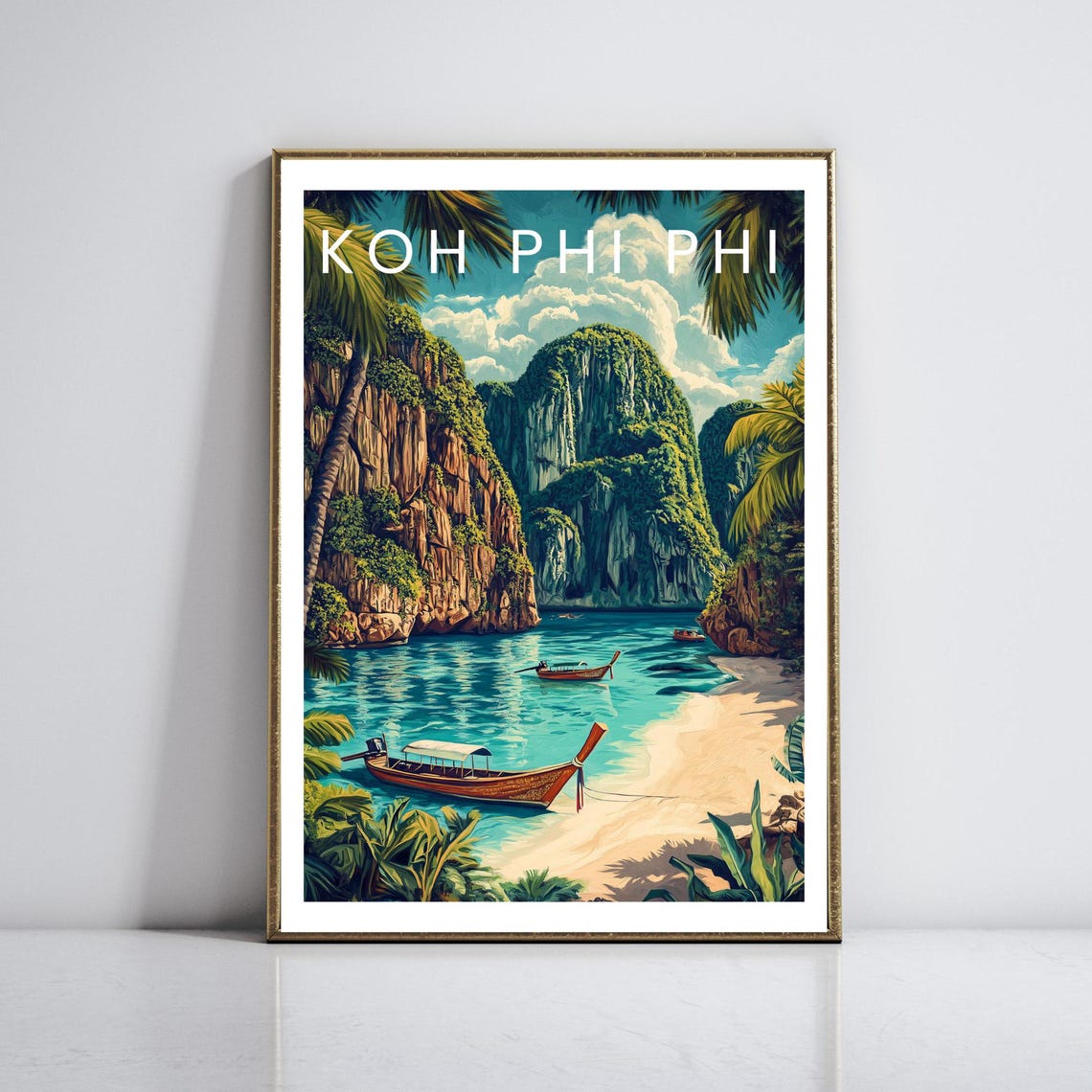 Koh Phi Phi Limestone Karsts Longtail Boats Beach Thailand Poster