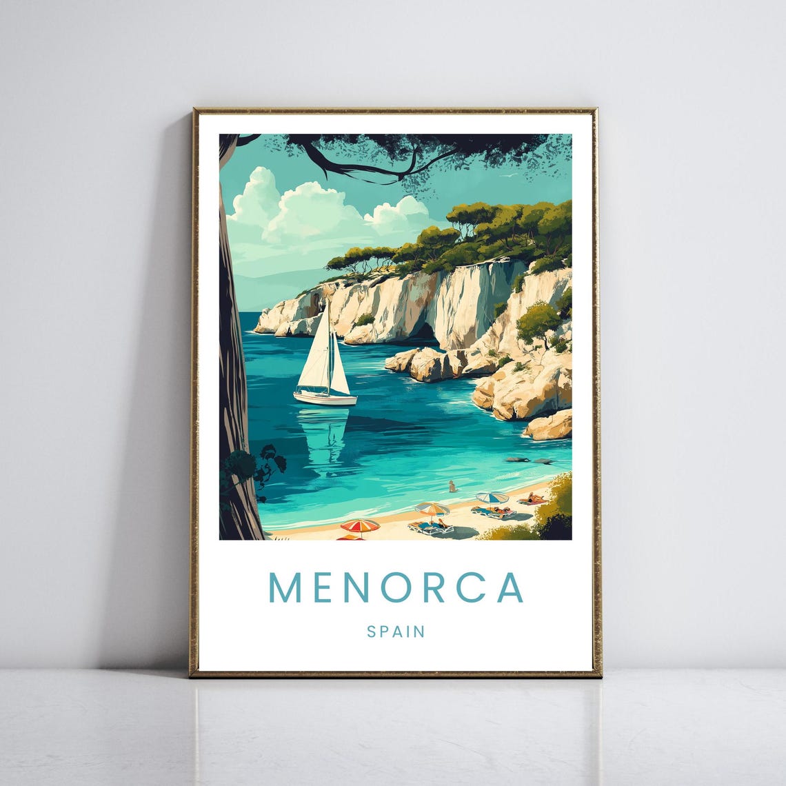Menorca Hidden Cove Sailboat White Cliffs Spain Travel Poster