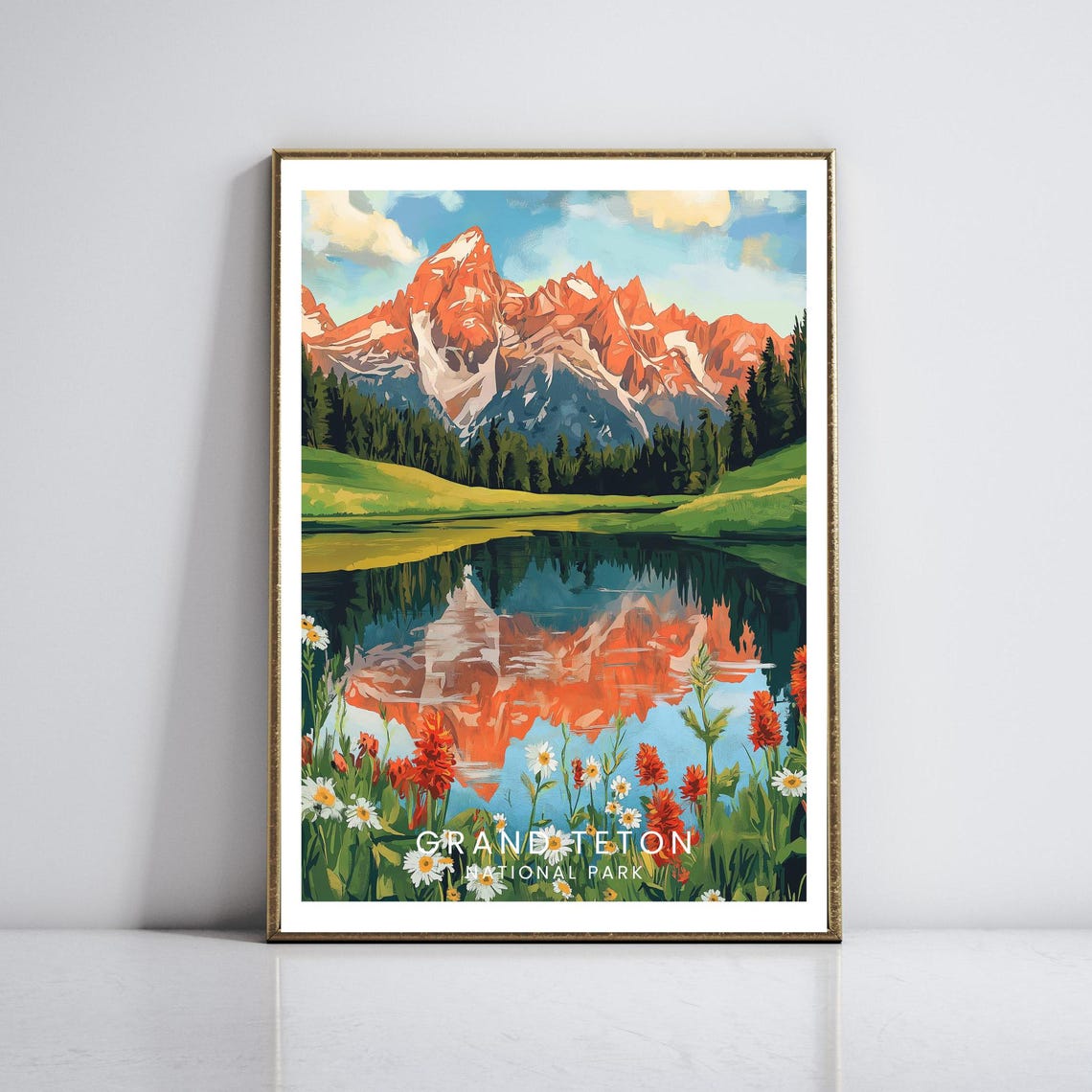 Grand Teton Alpenglow Peaks Lake Reflection National Park Poster