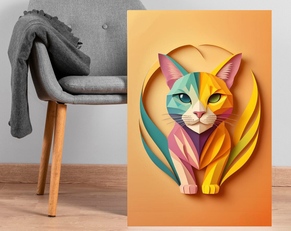 Polygonal Cat Portrait, Abstract Colorful Art Print