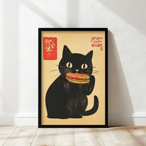 Funny Black Cat Holding Burger Yellow Eyes Vintage Japanese Poster