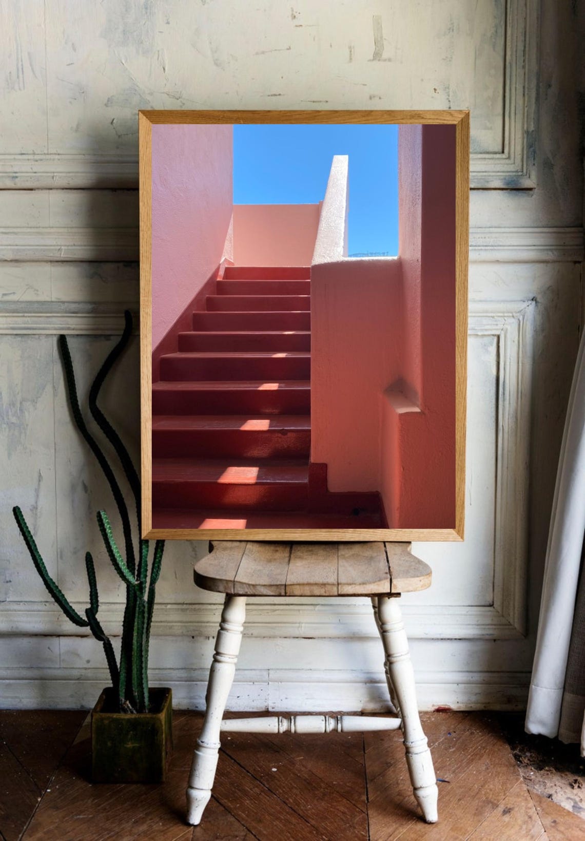 Terracotta Pink Staircase Blue Sky Minimal Architecture Poster - Image 2