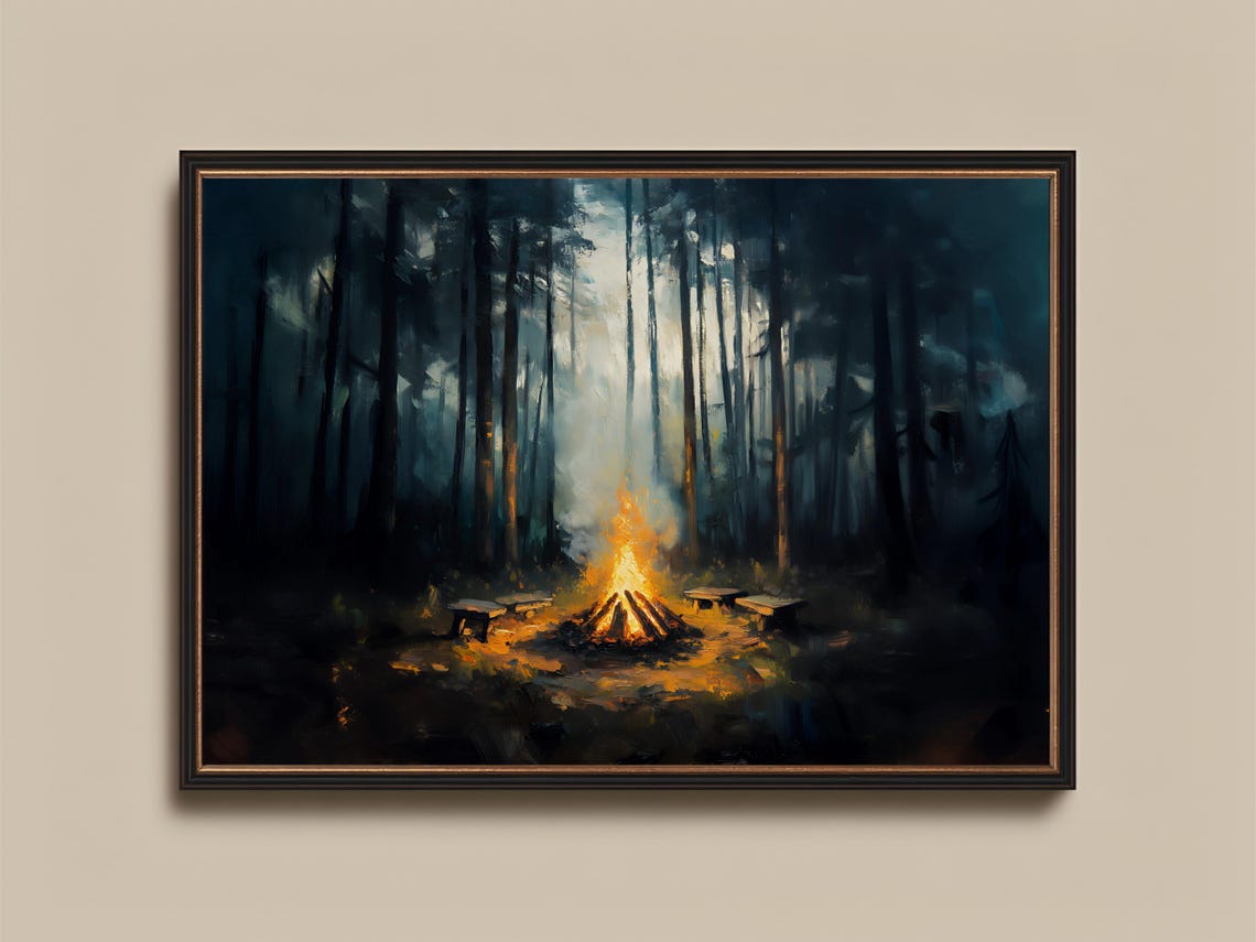 Campfire Forest Wall Art Print Dark Moody Decor Nature Lover Gift Enchanted Woodlands Painting Rustic Cabin
