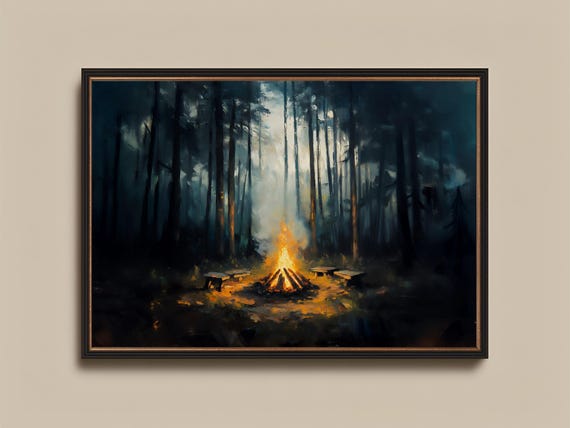 Campfire Forest Wall Art Print Dark Moody Decor Nature Lover Gift Enchanted Woodlands Painting Rustic Cabin