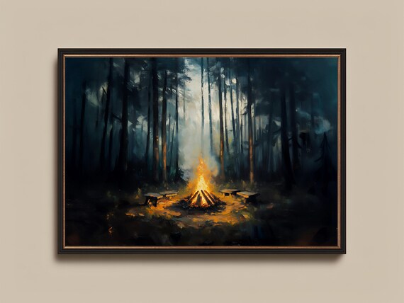 Campfire in Dark Misty Forest Night Moody Woodland Camping Poster