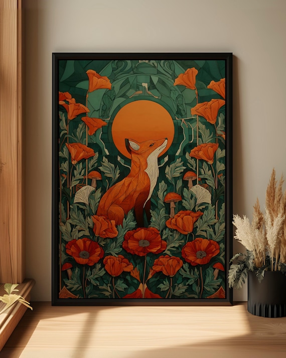 Fox Folk Art Print Botanical Poster Boho Floral Wall Decor Vibrant Nature Canvas Southwestern Style