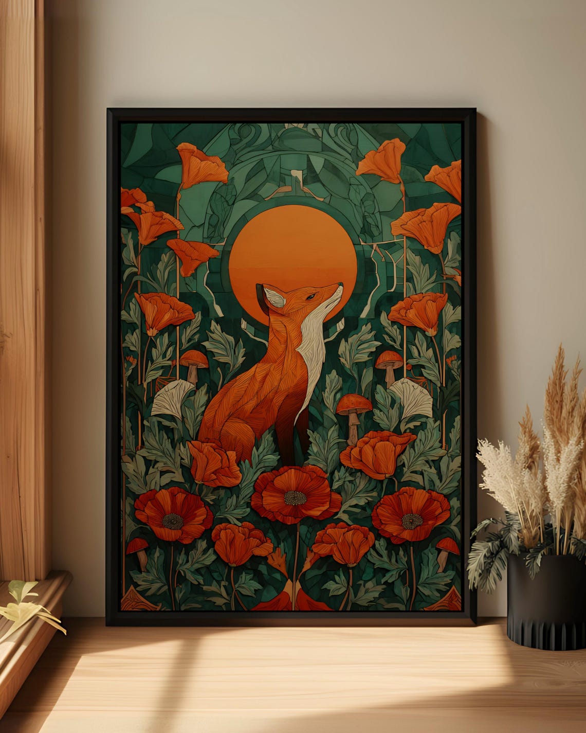Art Nouveau Fox Among Orange Poppies Botanical Illustration Poster