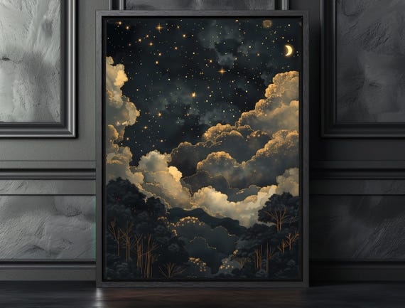 Dark Moody Celestial Landscape Abstract Cloud Art Print Vintage Sky Night Indigo Wall Decor Maximalist Academia