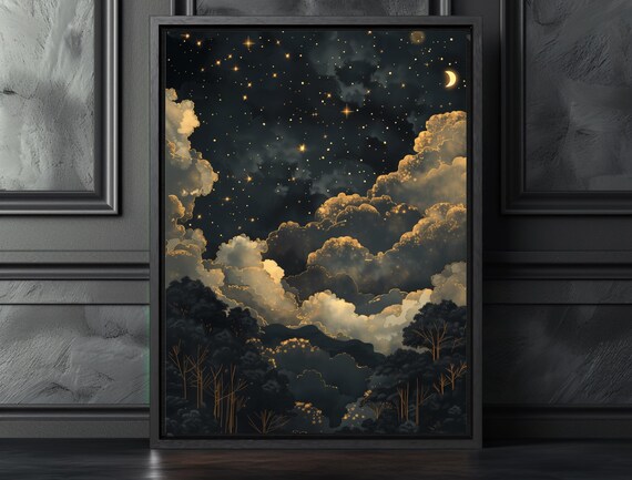 Starry Night Sky Golden Clouds Crescent Moon Forest Celestial Wall Poster