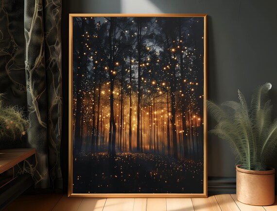 Magic Forest Wall Art Fantasy Painting Lightning Bug Electric Fireflies Poster